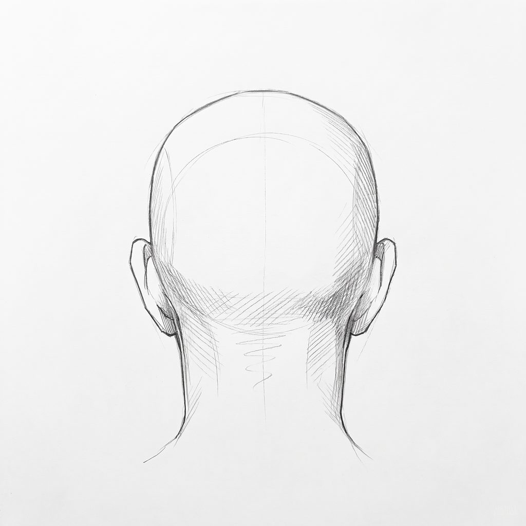 Head rotation reference, Heavy brow, 180 degrees back view, tonal drawing