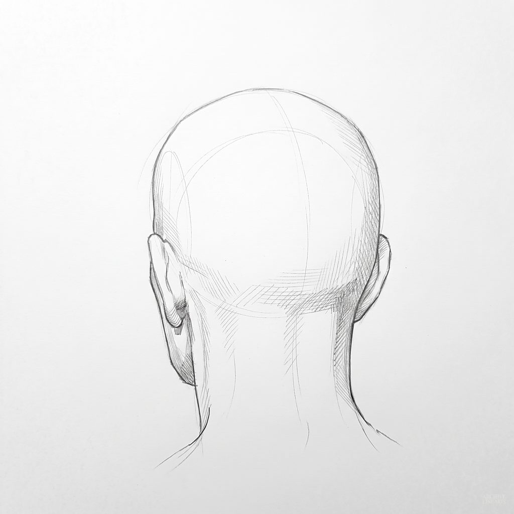 Head rotation reference, Heavy brow, 202.5 degrees near-back view, tonal drawing