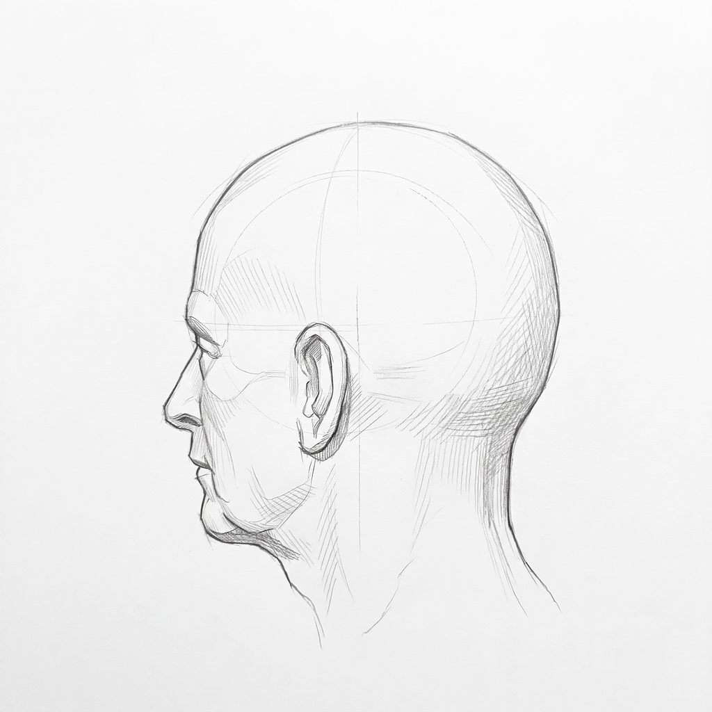 Head rotation reference, Heavy brow, 247.5 degrees just behind profile, tonal drawing