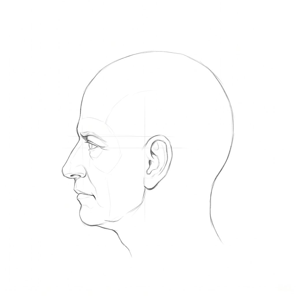 Head rotation reference, Heavy brow, 270 degrees profile, pencil drawing