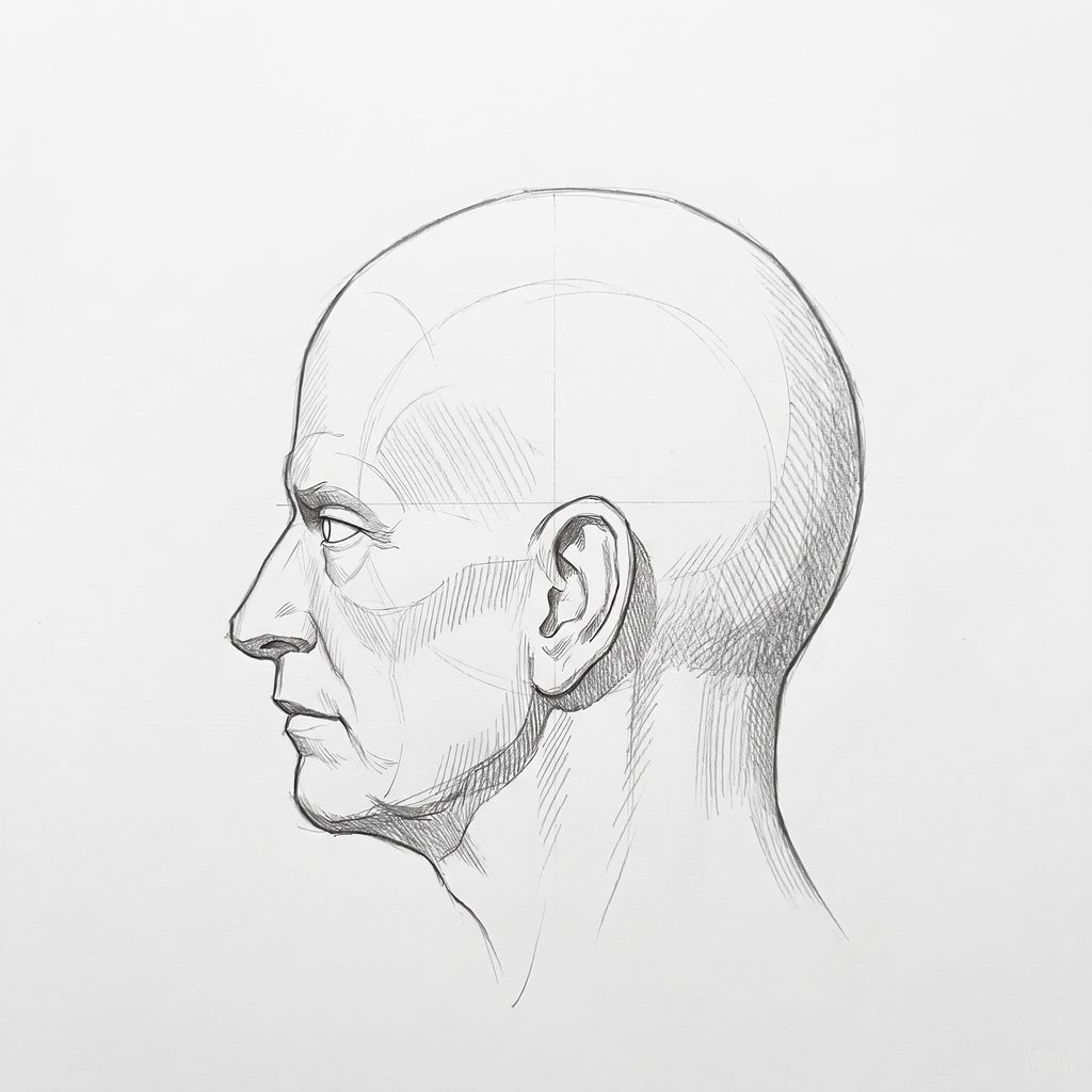 Head rotation reference, Heavy brow, 270 degrees profile, tonal drawing