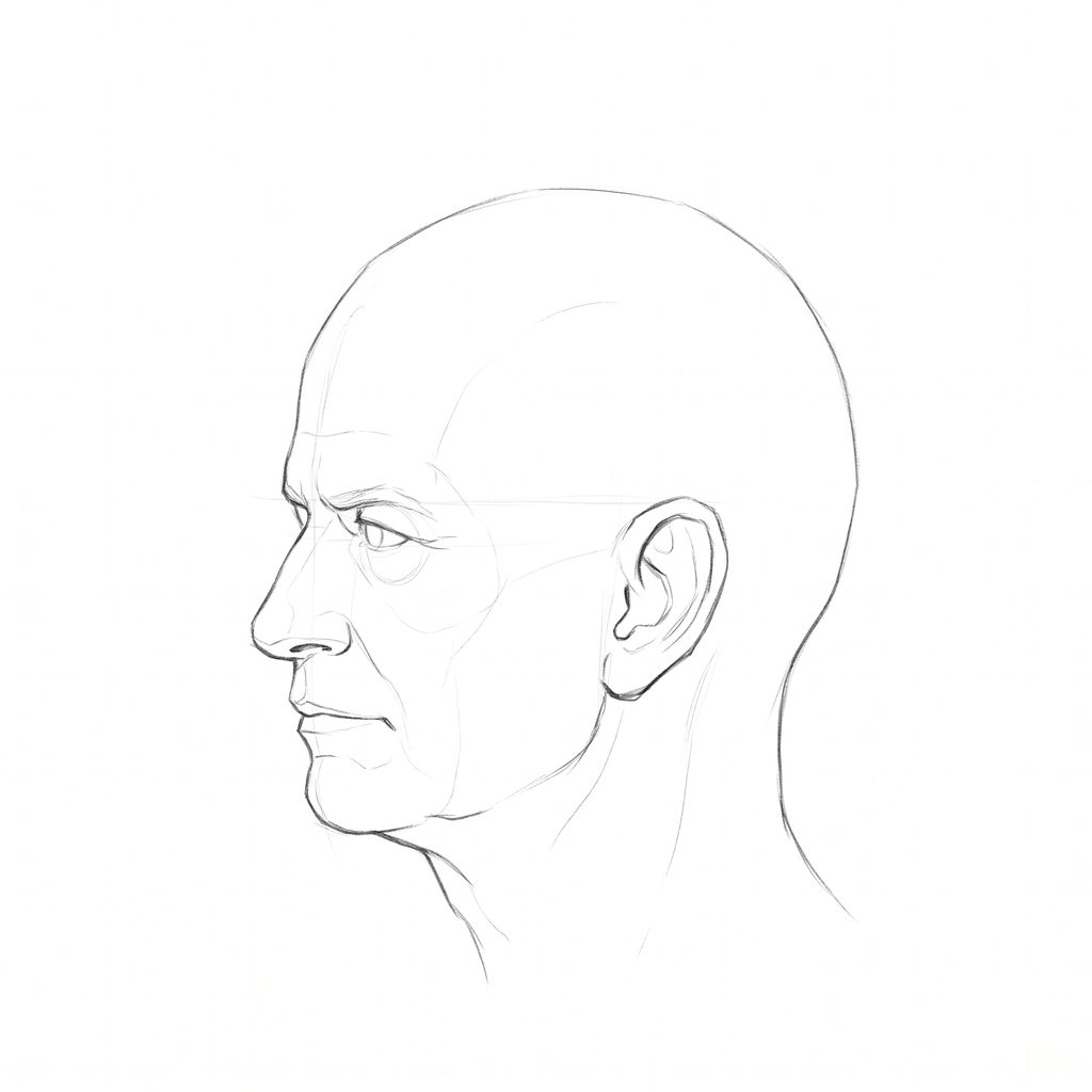 Head rotation reference, Heavy brow, 292.5 degrees near-profile view, pencil drawing