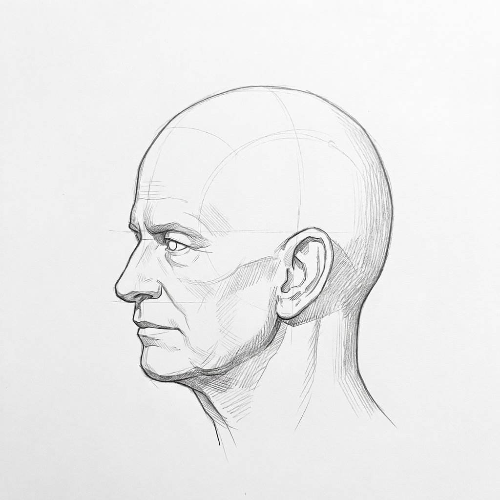 Head rotation reference, Heavy brow, 292.5 degrees near-profile view, tonal drawing