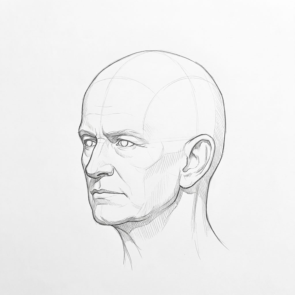 Head rotation reference, Heavy brow, 315 degrees three-quarter view, tonal drawing
