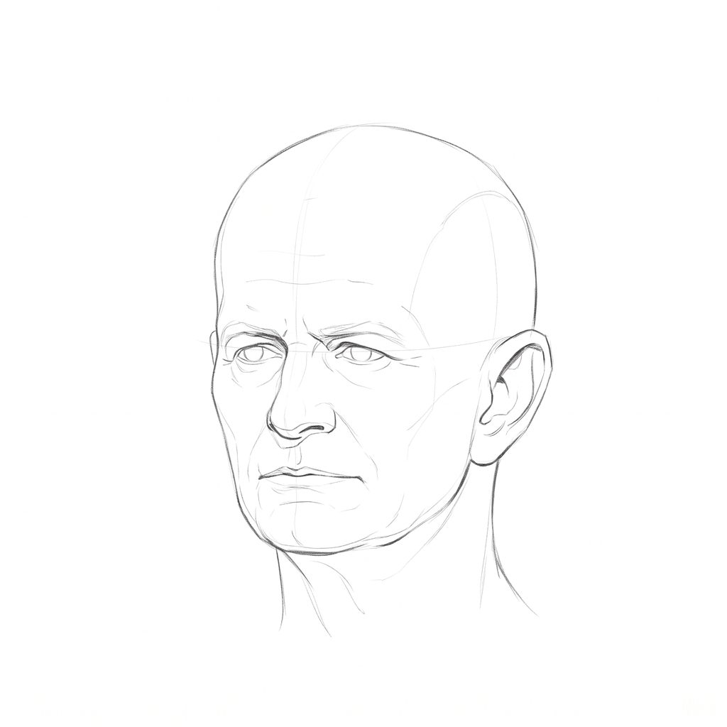 Head rotation reference, Heavy brow, 337.5 degrees slight three-quarter view, pencil drawing