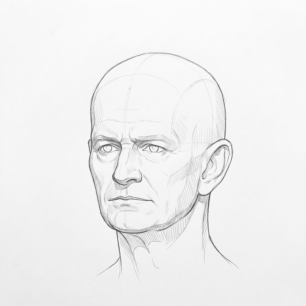 Head rotation reference, Heavy brow, 337.5 degrees slight three-quarter view, tonal drawing