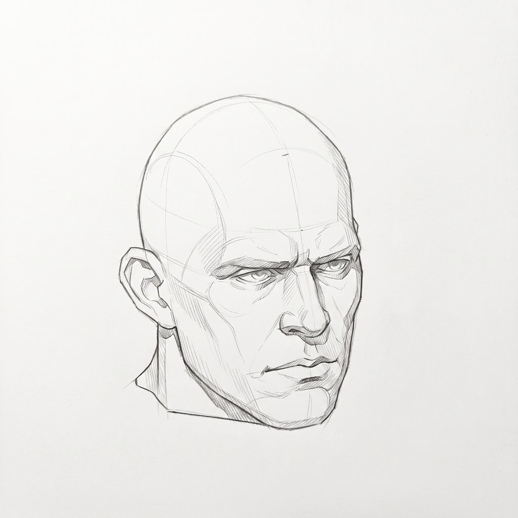 Head from above reference, heavy jaw, 22.5 degrees slight three-quarter view, seen from 20 degrees above, tonal drawing