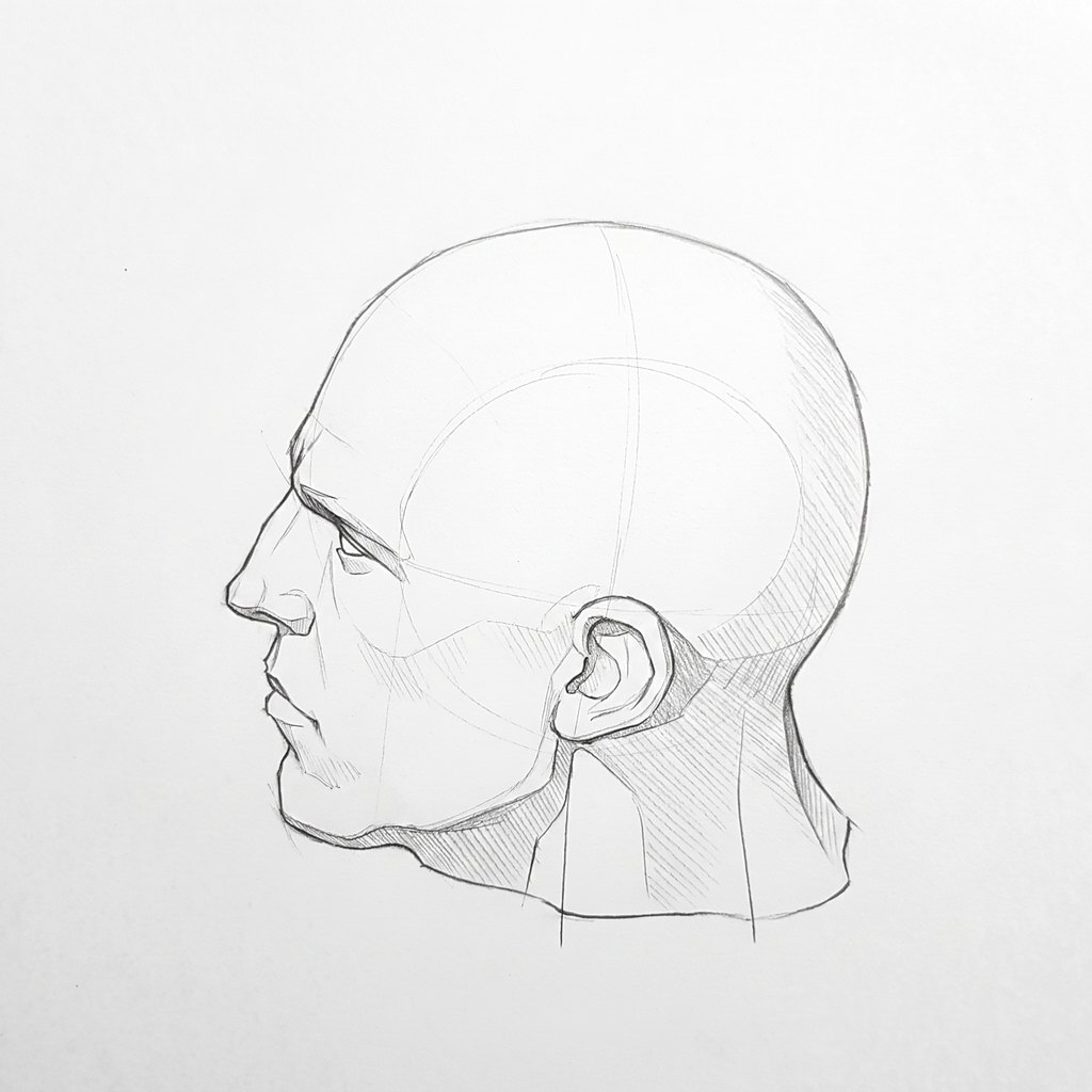 Head from above reference, heavy jaw, 270 degrees profile, seen from 20 degrees above, tonal drawing