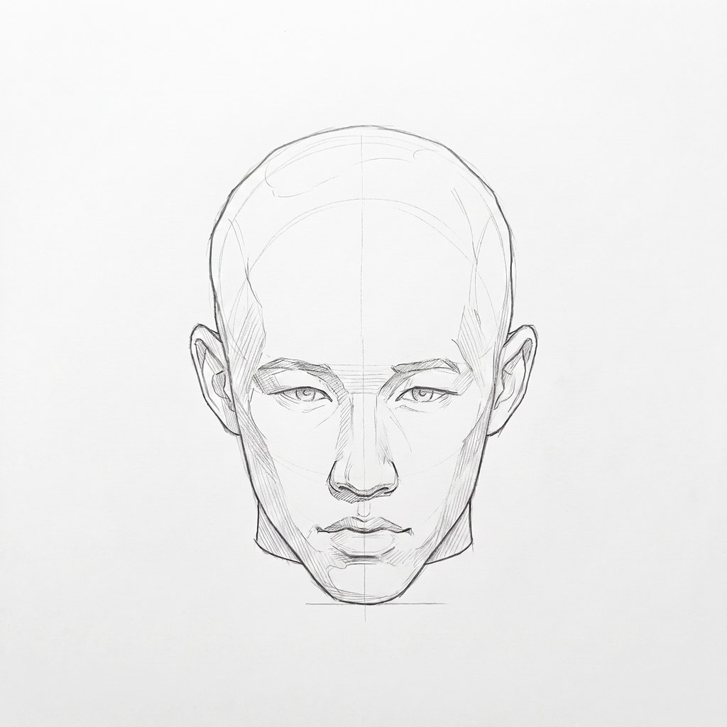 Head from above reference, minimal head, 0 degrees front view, seen from 20 degrees above, tonal drawing