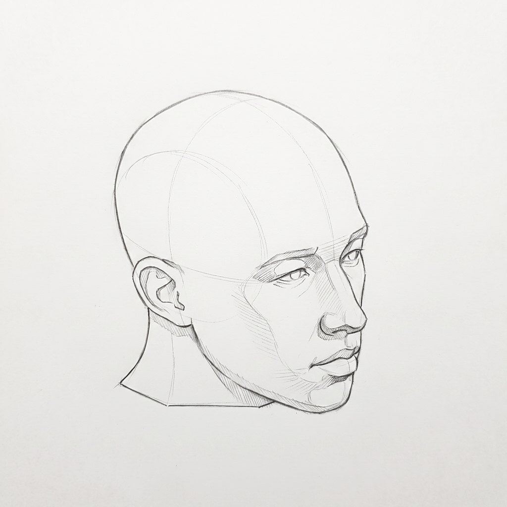 Head from above reference, minimal head, 45 degrees three-quarter view, seen from 20 degrees above, tonal drawing