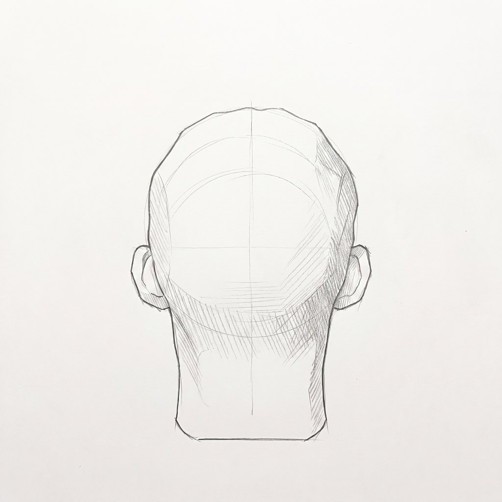 Head from above reference, minimal head, 180 degrees back view, seen from 20 degrees above, tonal drawing