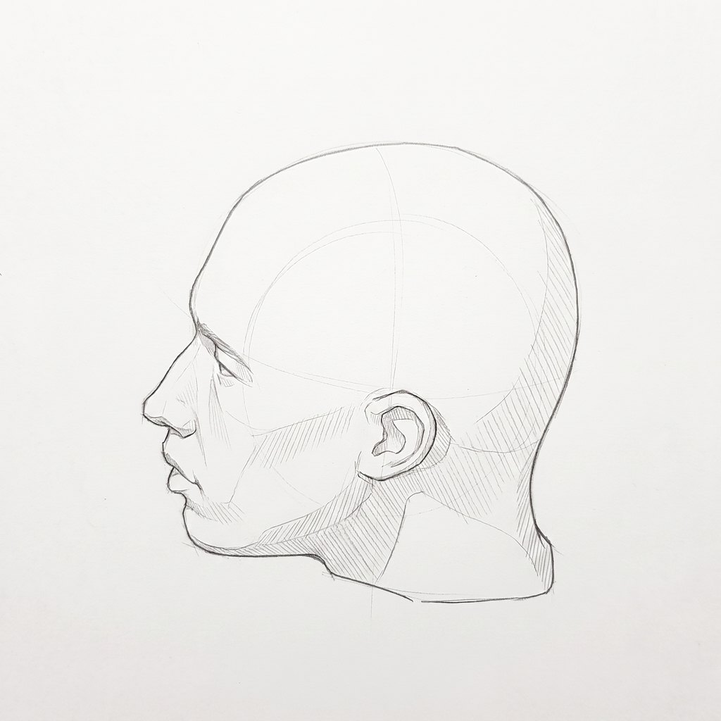 Head from above reference, minimal head, 270 degrees profile, seen from 20 degrees above, tonal drawing