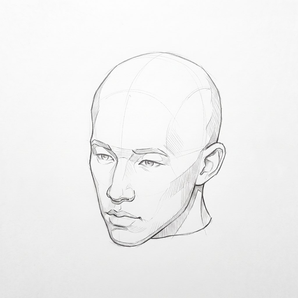 Head from above reference, minimal head, 337.5 degrees slight three-quarter view, seen from 20 degrees above, tonal drawing