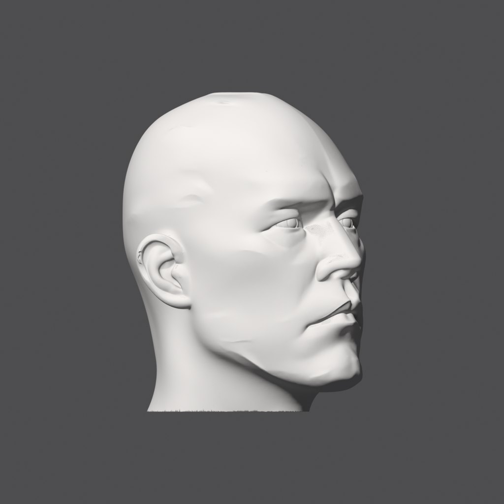 Head lighting reference, hard-plane head at a 45 degree turn, light from the front and the ear side