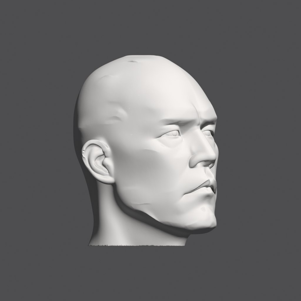 Head lighting reference, hard-plane head at a 45 degree turn, light from the front, a little toward the ear side