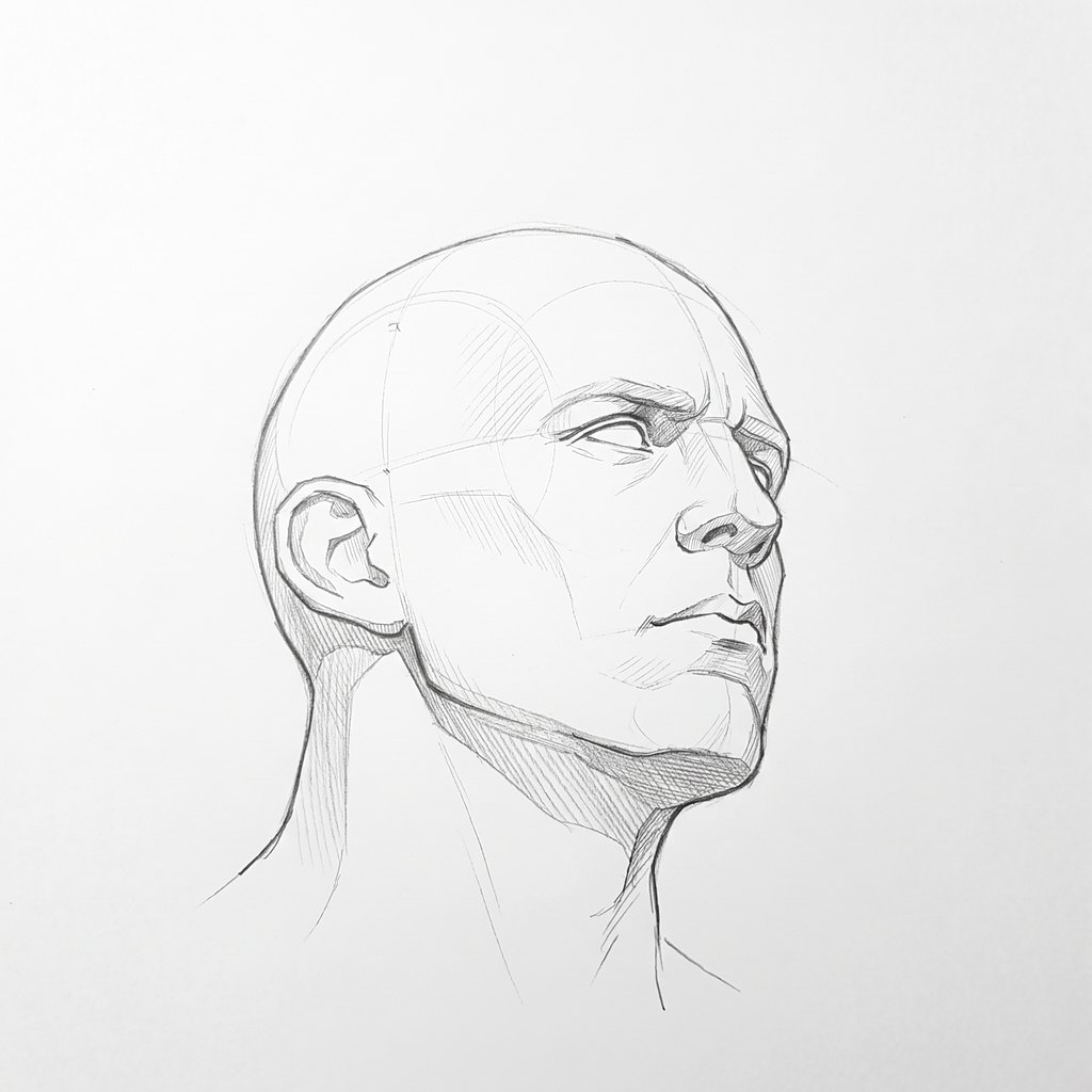 Head from below reference, heavy jaw, 45 degrees three-quarter view, seen from 20 degrees below, tonal drawing