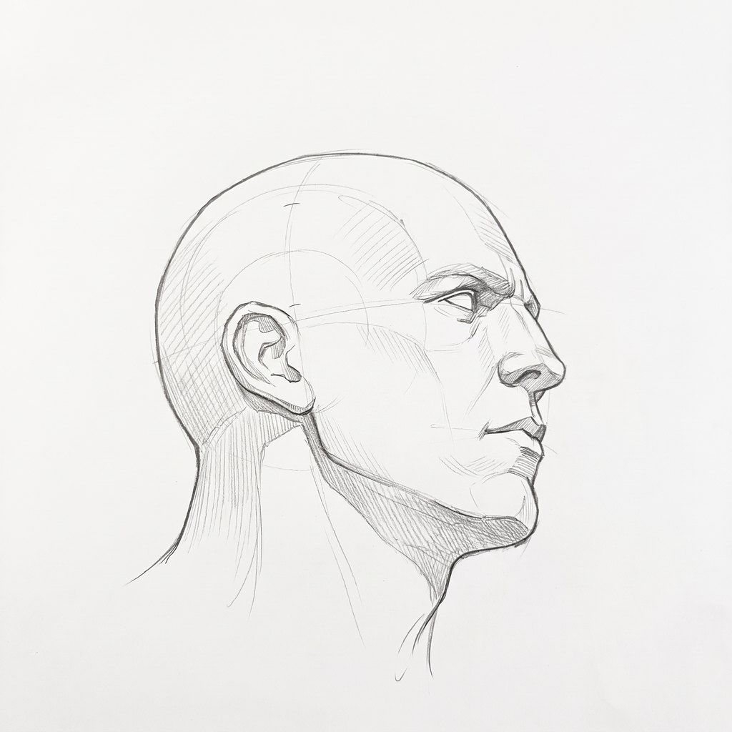 Head from below reference, heavy jaw, 67.5 degrees near profile, seen from 20 degrees below, tonal drawing