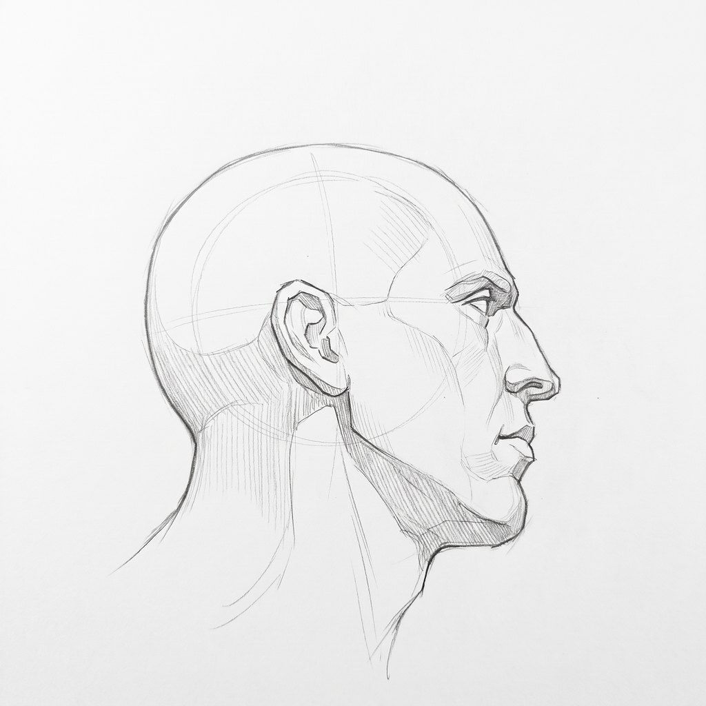 Head from below reference, heavy jaw, 90 degrees profile, seen from 20 degrees below, tonal drawing
