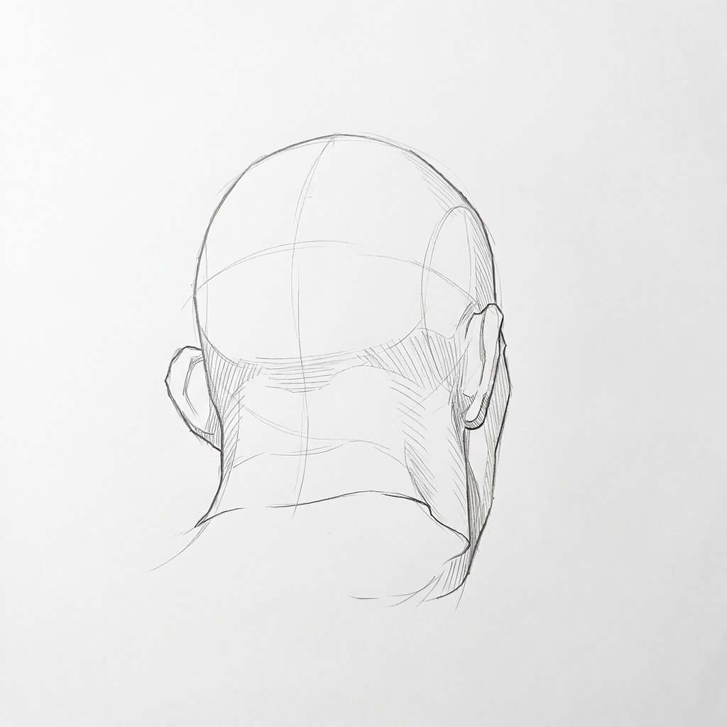 Head from below reference, heavy jaw, 157.5 degrees rear three-quarter, seen from 20 degrees below, tonal drawing
