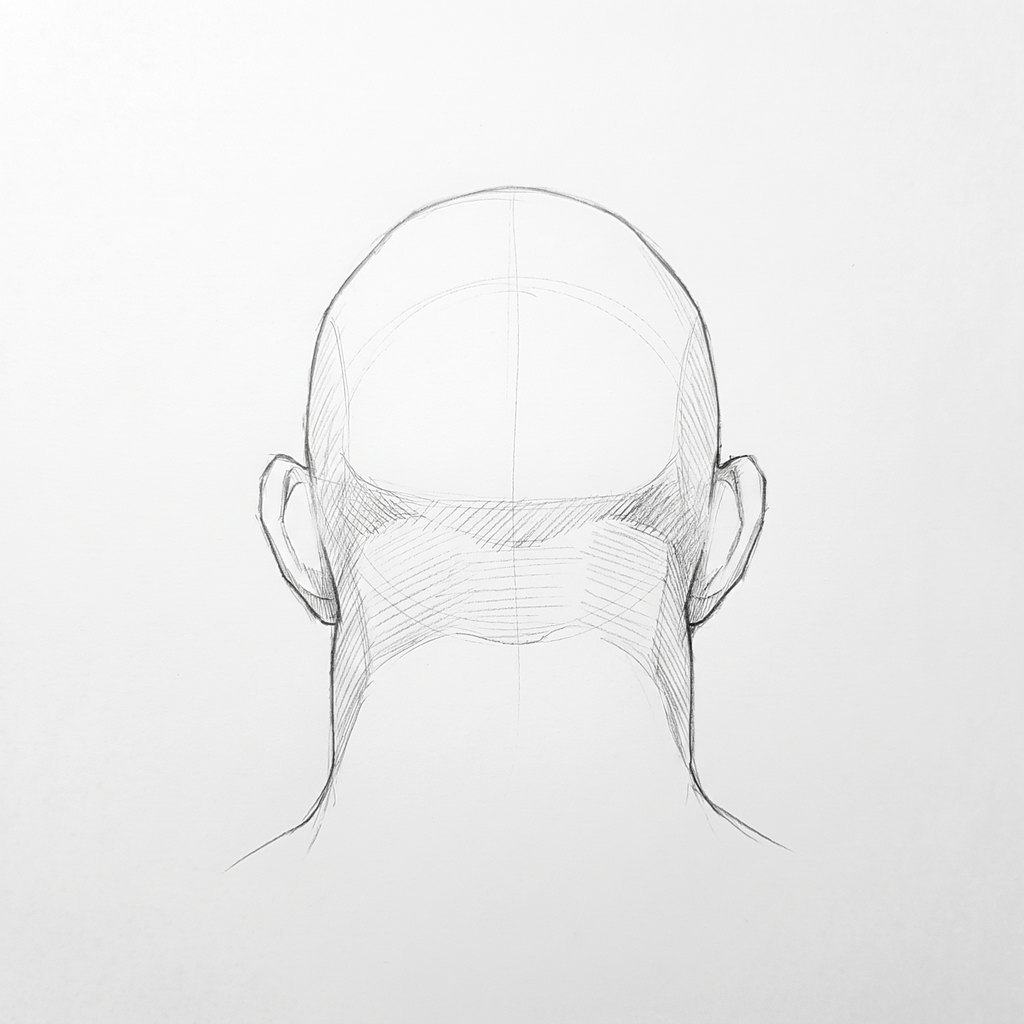 Head from below reference, heavy jaw, 180 degrees back view, seen from 20 degrees below, tonal drawing