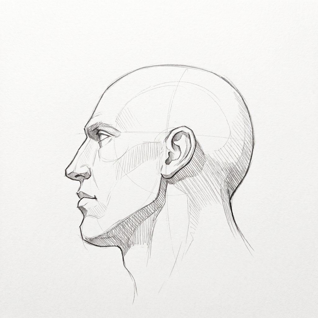 Head from below reference, heavy jaw, 270 degrees profile, seen from 20 degrees below, tonal drawing