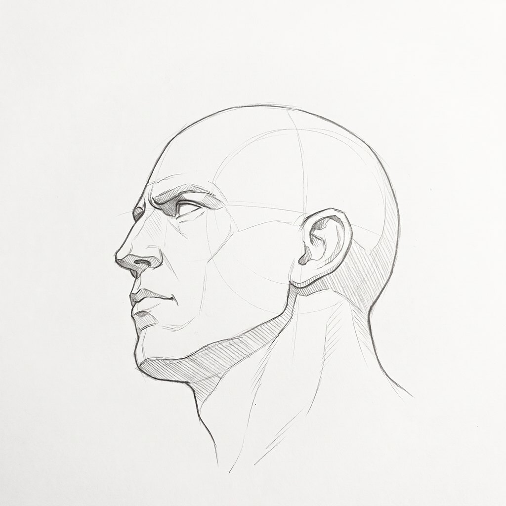 Head from below reference, heavy jaw, 292.5 degrees near profile, seen from 20 degrees below, tonal drawing