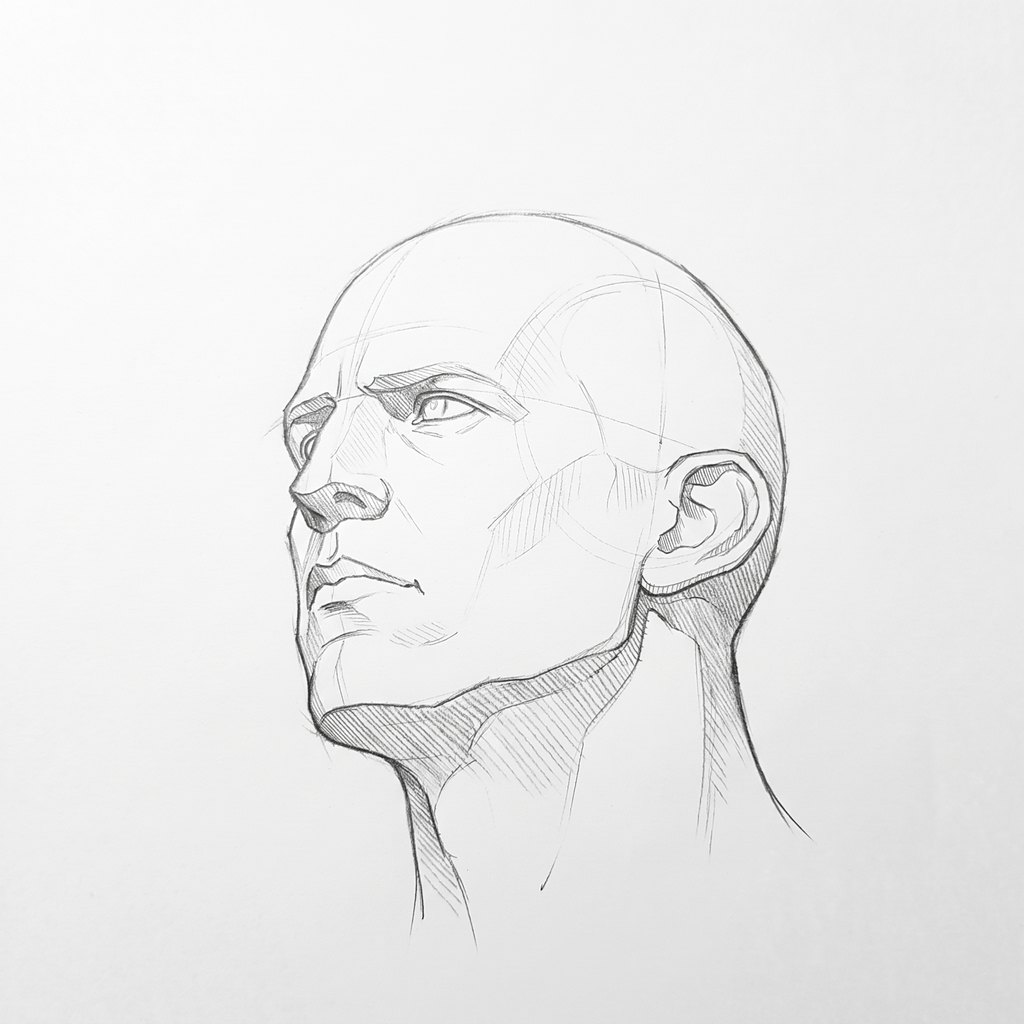 Head from below reference, heavy jaw, 315 degrees three-quarter view, seen from 20 degrees below, tonal drawing