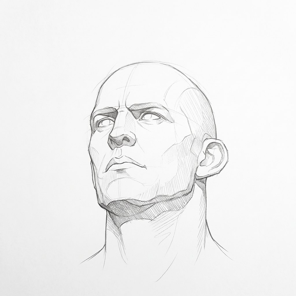 Head from below reference, heavy jaw, 337.5 degrees slight three-quarter view, seen from 20 degrees below, tonal drawing