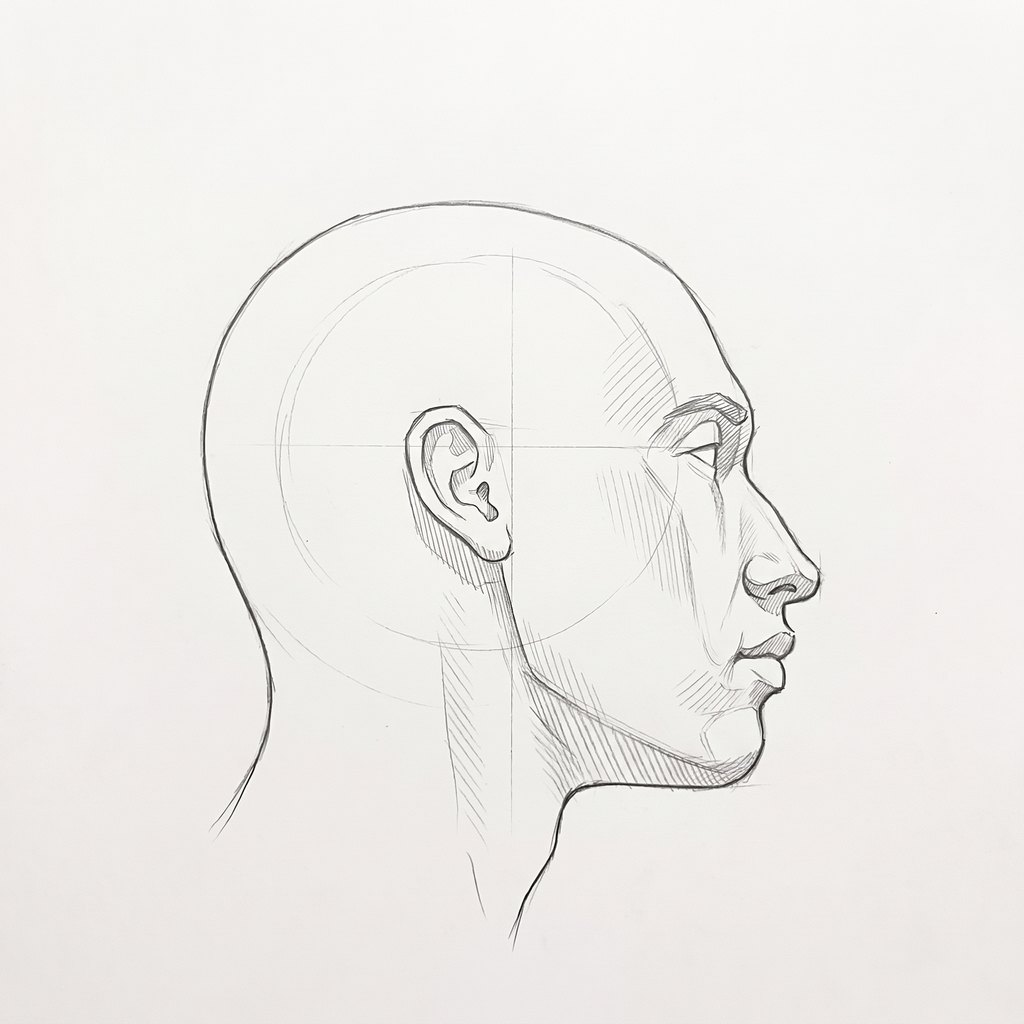 Head from below reference, minimal head, 90 degrees profile, seen from 20 degrees below, tonal drawing