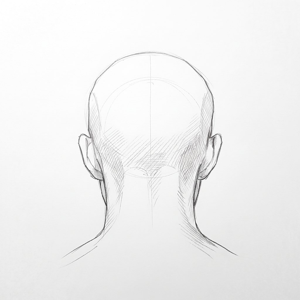 Head from below reference, minimal head, 180 degrees back view, seen from 20 degrees below, tonal drawing