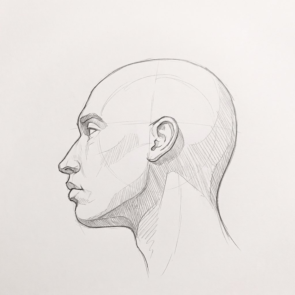 Head from below reference, minimal head, 270 degrees profile, seen from 20 degrees below, tonal drawing