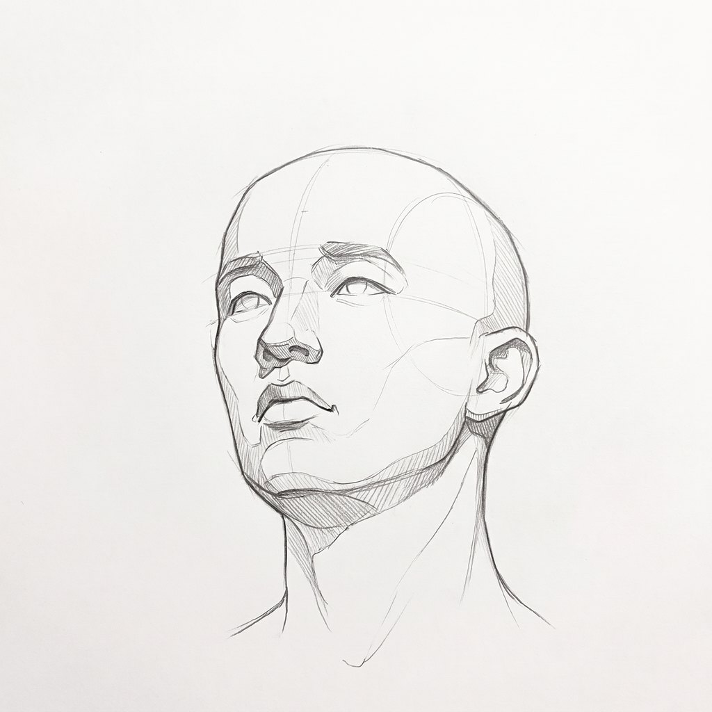 Head from below reference, minimal head, 337.5 degrees slight three-quarter view, seen from 20 degrees below, tonal drawing